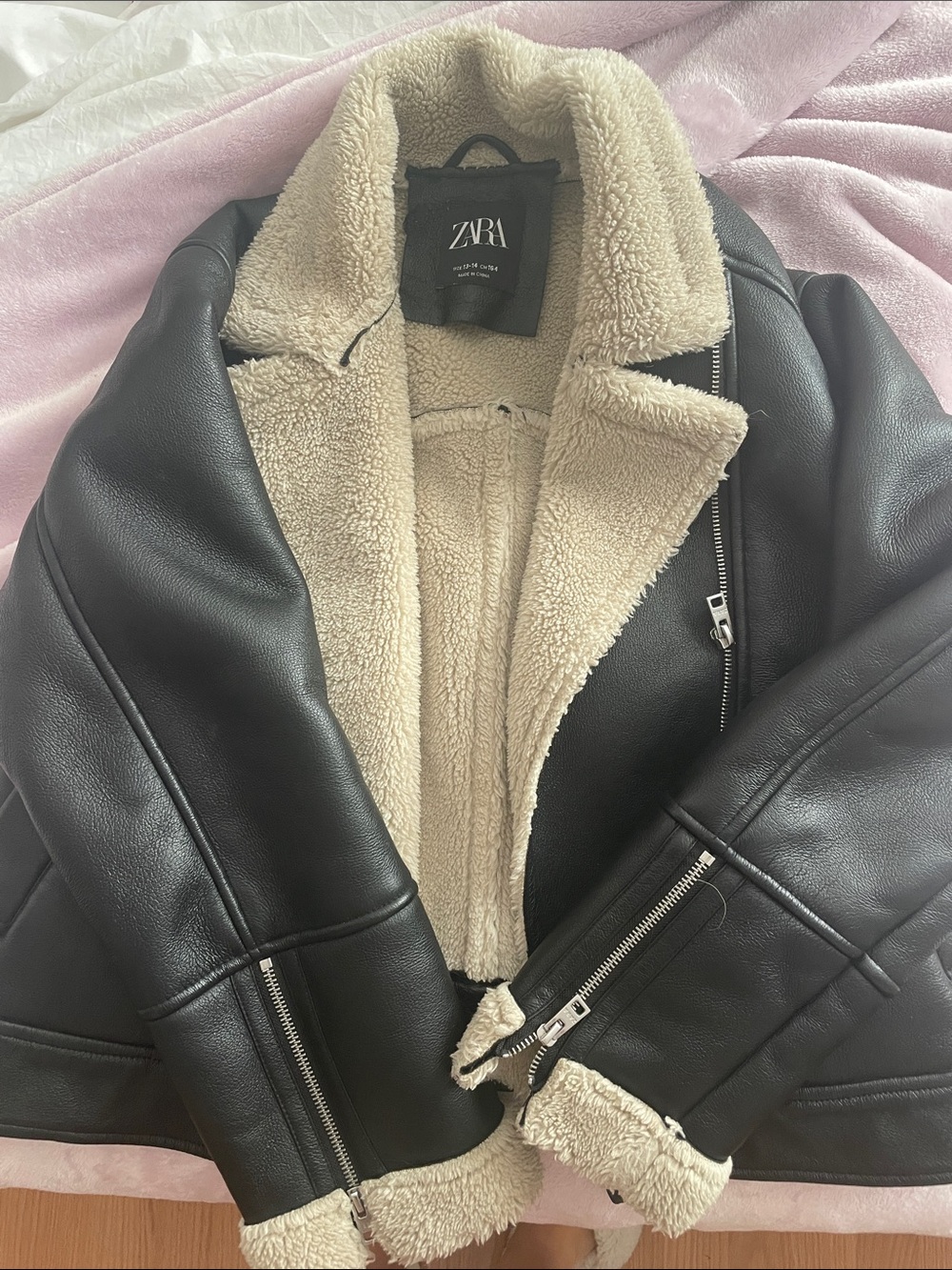 Zara Black Faux-Leather Jacket with Cream Shearling Lining